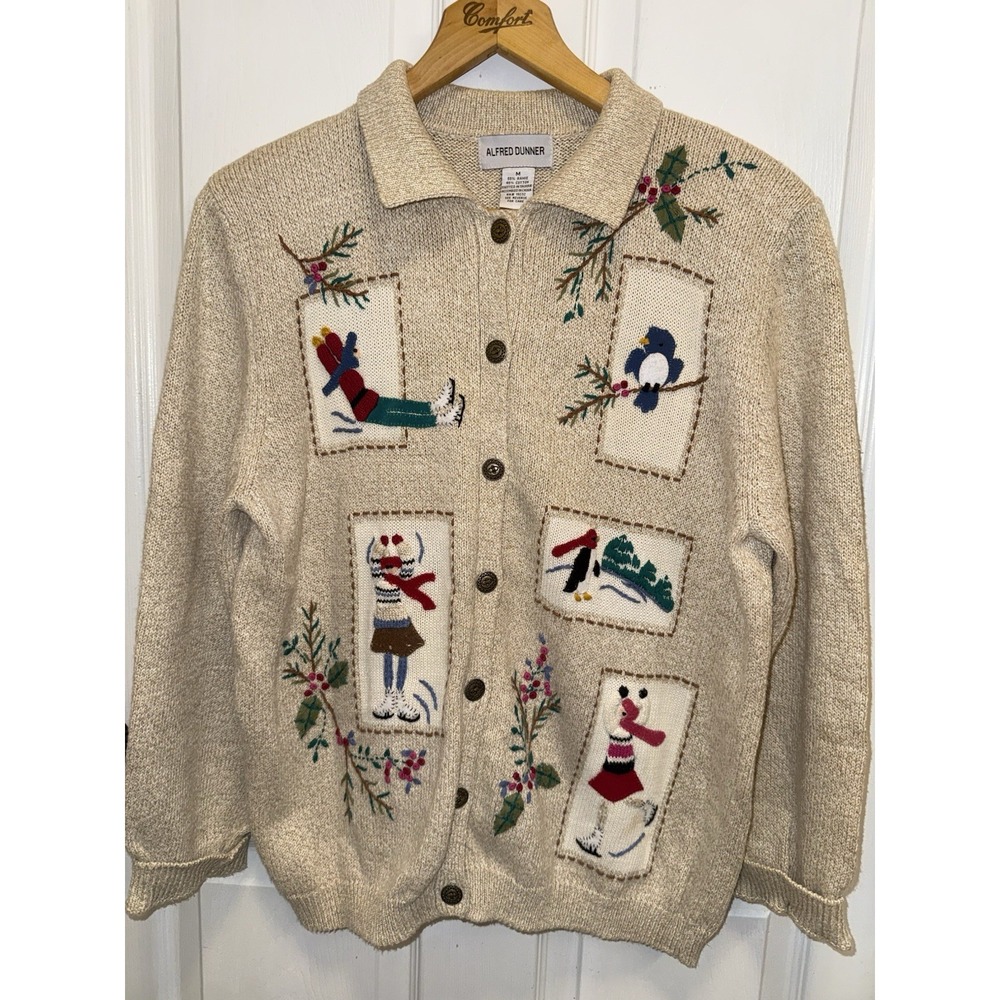 Alfred Dunner Holiday Christmas Cardigan Beige M Embroidered 3D Grandma Cottage